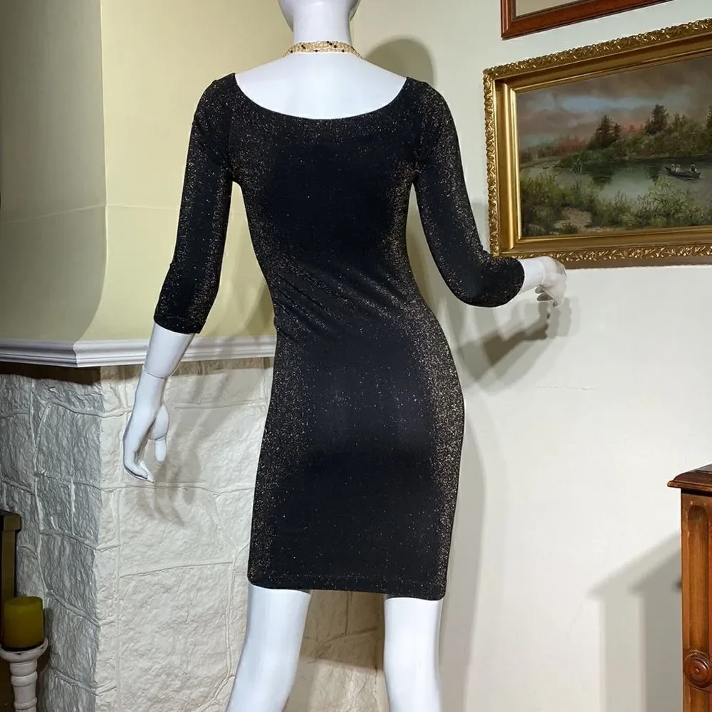 Bebe Stretch Metallic Black & Gold Bodycon Mini Dress 3/4 Sleeves - Picture 5 of 11